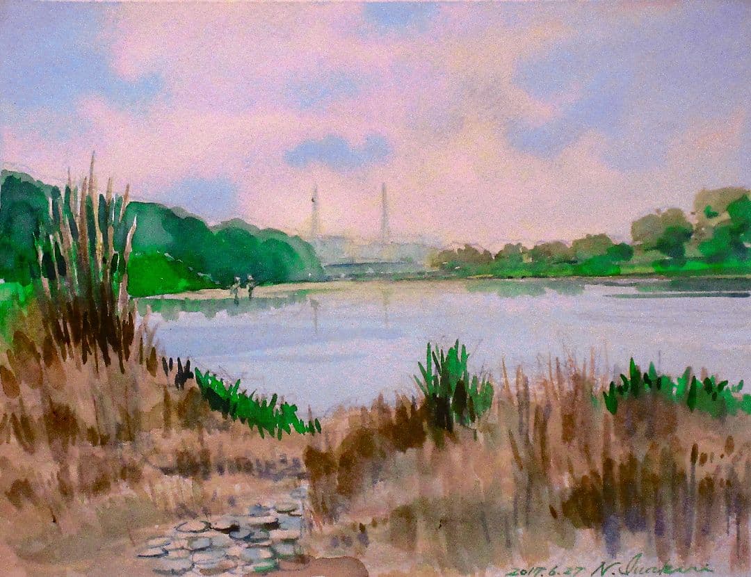 水彩画 風景画 緑と青のトーン 原画 額済み F6サイズ