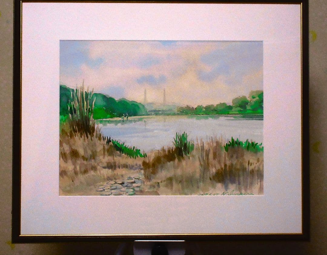 水彩画 風景画 緑と青のトーン 原画 額済み F6サイズ