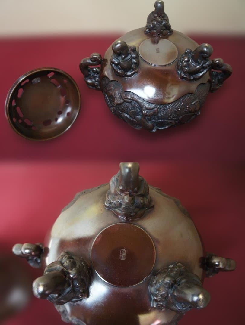 ★美品 高岡銅器 瑞峰作 新特大花鳥 高級銅製香炉 工芸作家造送料込み