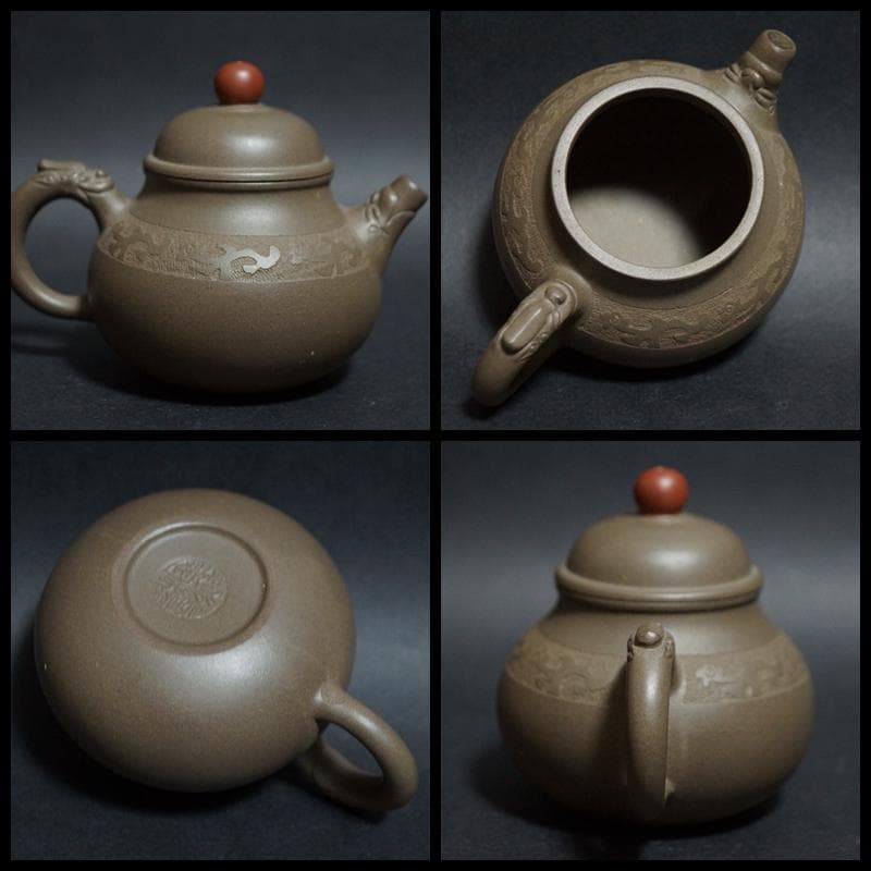 中国工芸師 顧鵬程造 栄天紫砂壺 細工彫り『龍文』 原鉱泥手造り急須 朱泥茶器