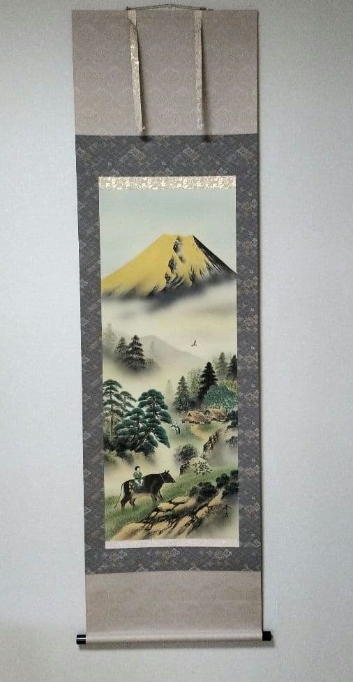 小川香月☆黄金富士牧童図 掛け軸