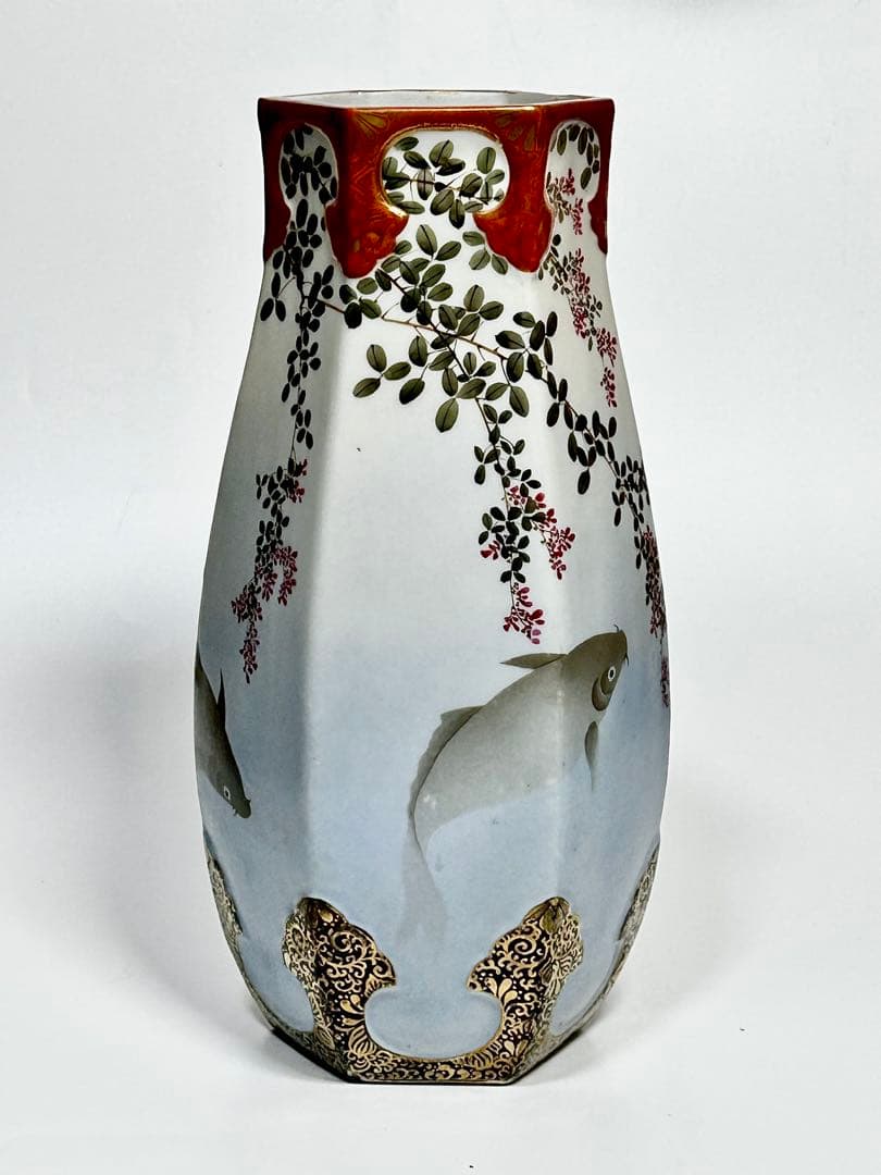 明治 名古屋絵付け 鯉文六角花瓶 松村九助 森村組