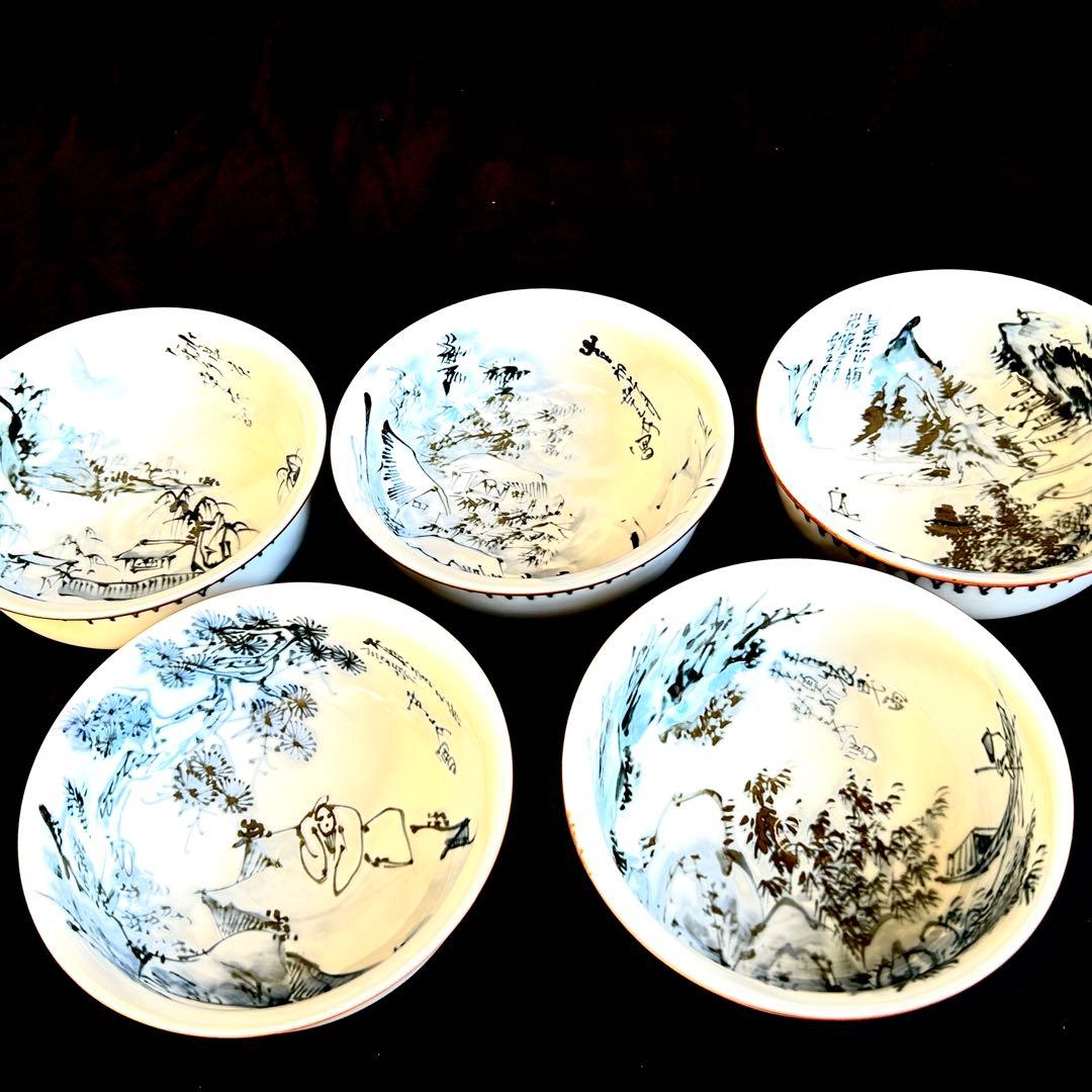 【未使用,美品】 清水焼き　鉢　小鉢 染付　アンティーク　5客揃い
