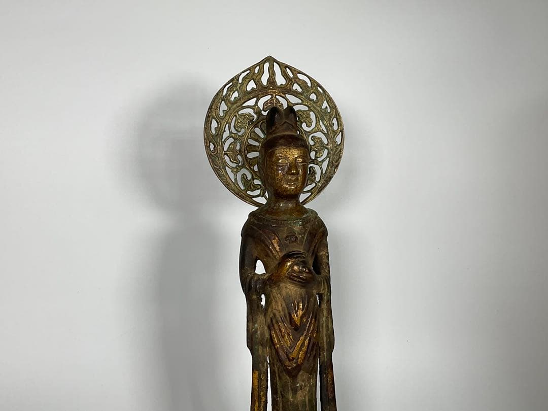 金銅仏　新羅仏　百済仏　観音菩薩　仏像　全高約32cm　仏教美術