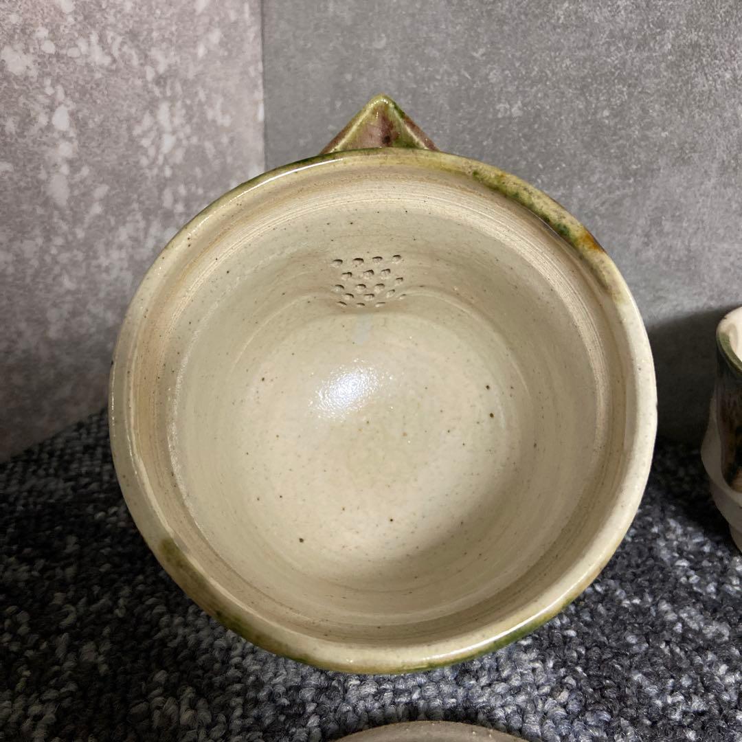 美濃焼　織部　作家物　陶印　茶器セット　煎茶揃い　宝瓶　湯呑
