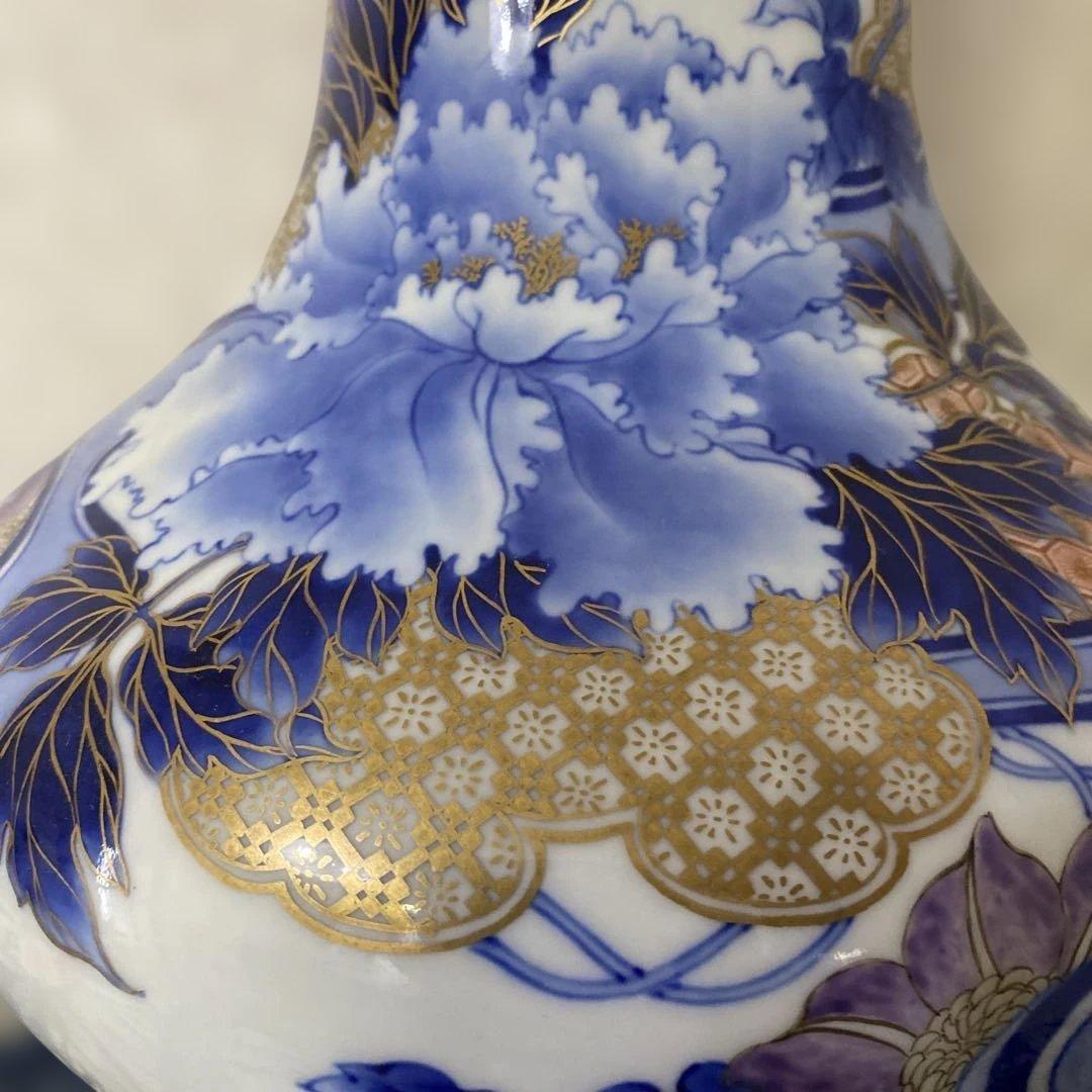 明治時代　オールド初期香蘭社　金彩牡丹染錦花瓶