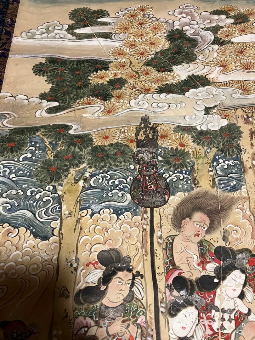 掛軸 超大幅 古仏画 『釈迦涅槃図』 紙本 肉筆 彩色 箱無 仏画 仏教美術