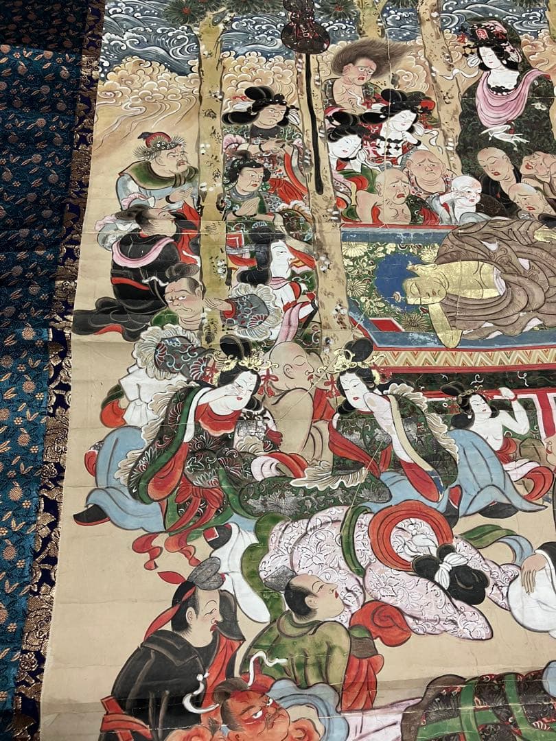 掛軸 超大幅 古仏画 『釈迦涅槃図』 紙本 肉筆 彩色 箱無 仏画 仏教美術