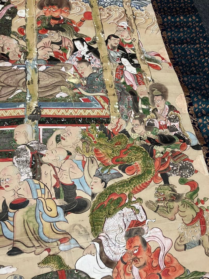 掛軸 超大幅 古仏画 『釈迦涅槃図』 紙本 肉筆 彩色 箱無 仏画 仏教美術