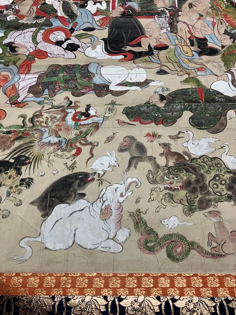 掛軸 超大幅 古仏画 『釈迦涅槃図』 紙本 肉筆 彩色 箱無 仏画 仏教美術