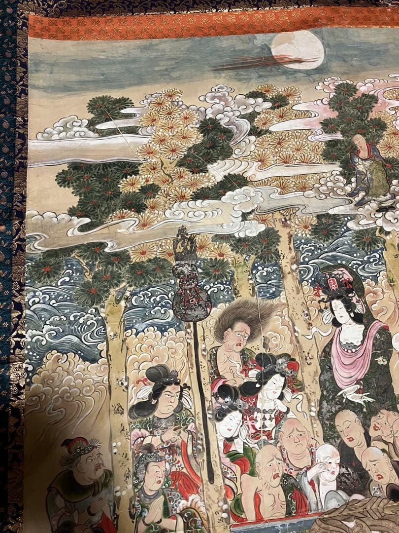 掛軸 超大幅 古仏画 『釈迦涅槃図』 紙本 肉筆 彩色 箱無 仏画 仏教美術