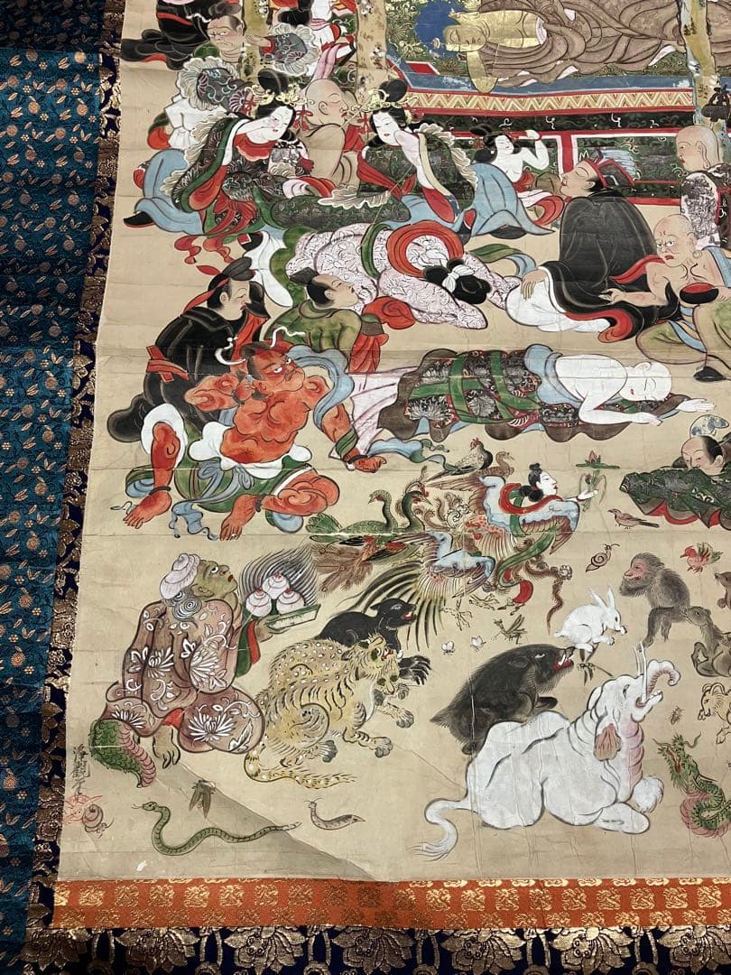 掛軸 超大幅 古仏画 『釈迦涅槃図』 紙本 肉筆 彩色 箱無 仏画 仏教美術