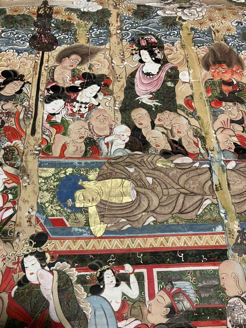 掛軸 超大幅 古仏画 『釈迦涅槃図』 紙本 肉筆 彩色 箱無 仏画 仏教美術