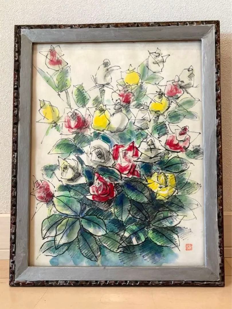 鈴木立海 水彩画 花 バラ 作品ラベルあり