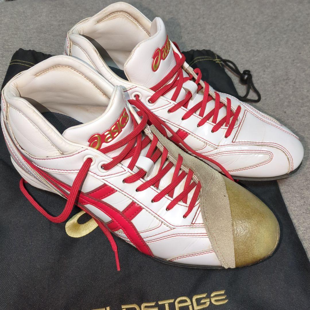 ASICS GOLDSTAGE スパイク ホワイト/レッド超強力Ｐ革付27.5㎝