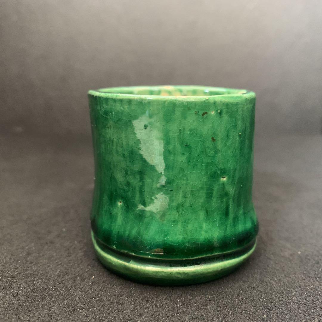 湊焼　青交趾　竹節　蓋置　茶道具