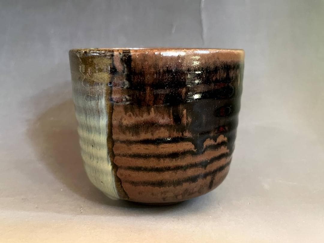 茶碗■膳所焼き 掛分筒茶碗 淡海ぜぜ 陽炎園造 お茶道具 共箱 時代物 骨董品■