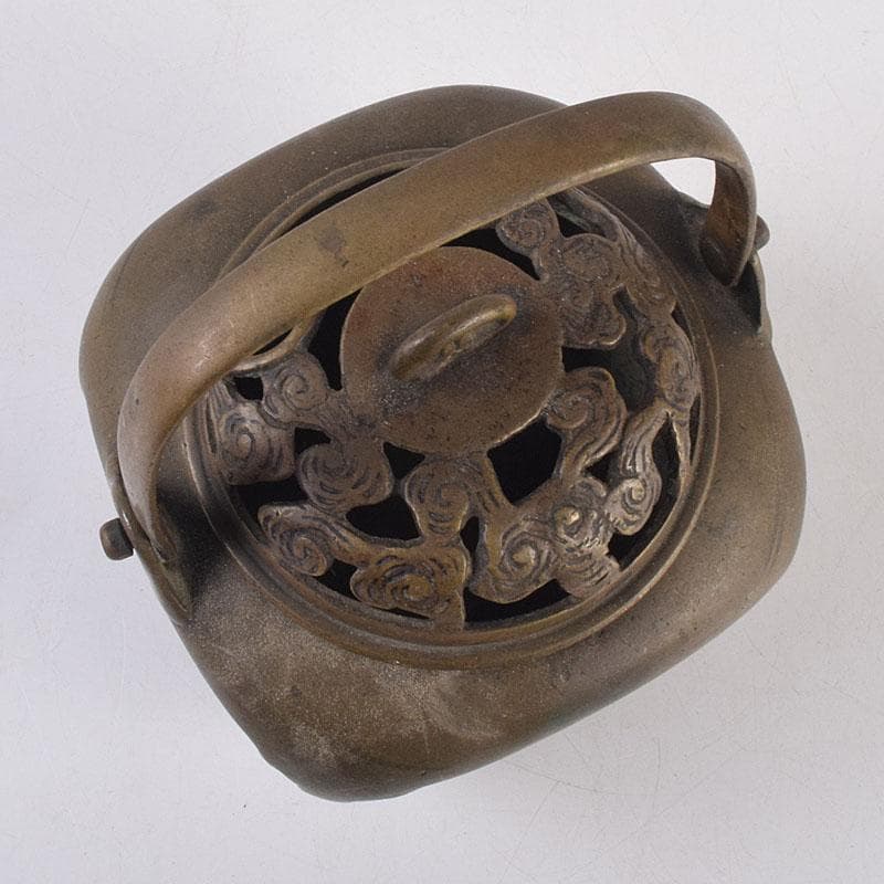 中国　古銅　饕餮文　持ち手付　墨壷　透かし蓋香炉　V　R8871