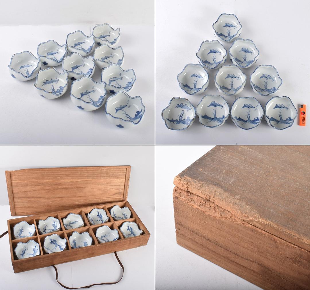 カルカル63 中国　古染付　山水文　向付　十人前　時代箱付　D　3915C