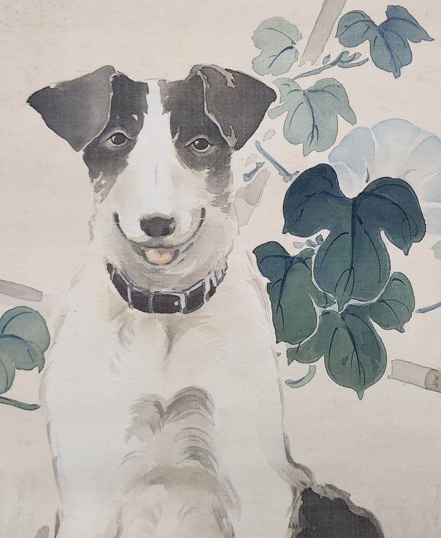 【朝顔に洋犬親子図】秋香 2701 掛け軸 肉筆