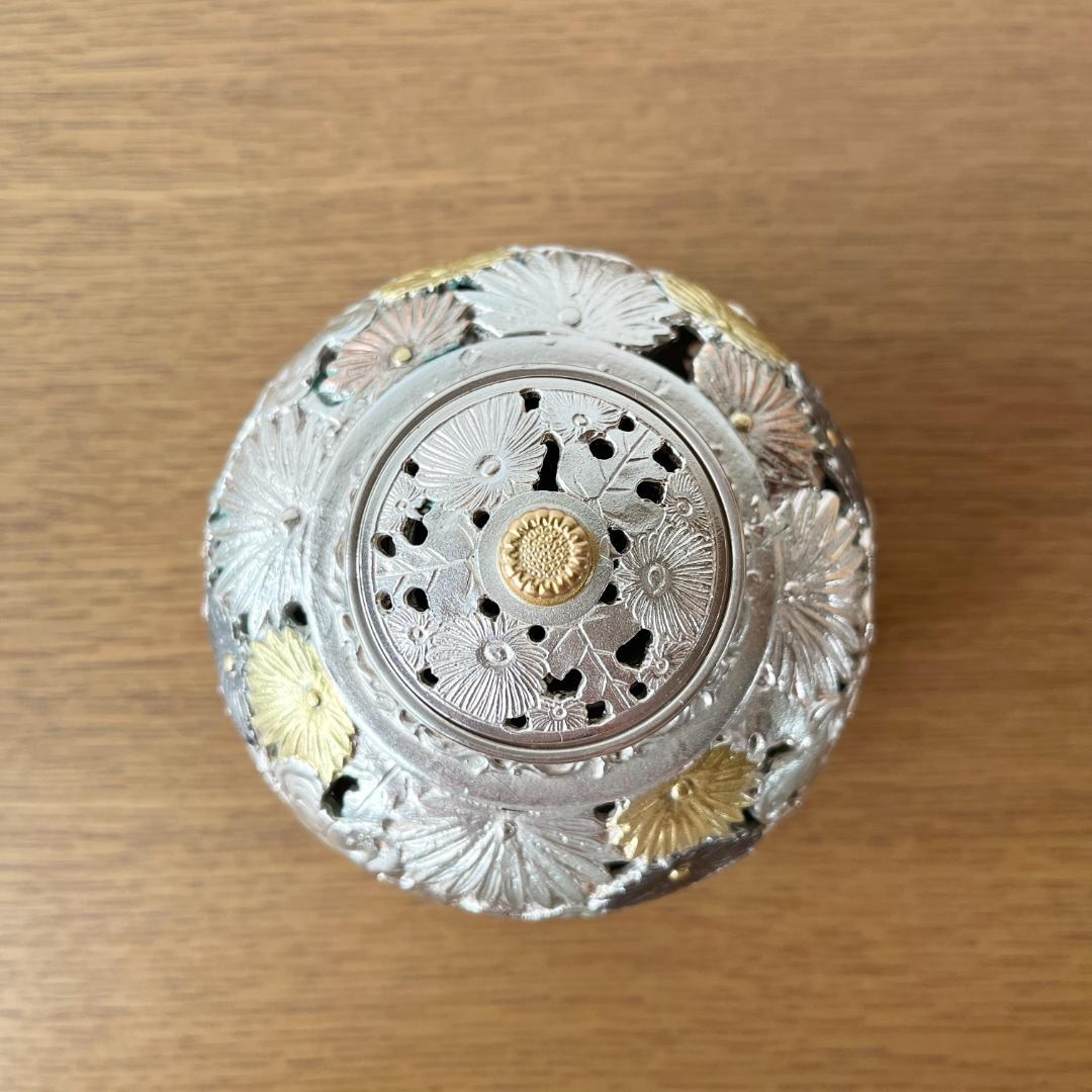 市橋敏雄 金銀彩 菊透かし文 華香炉 茶道具 共箱 未使用品