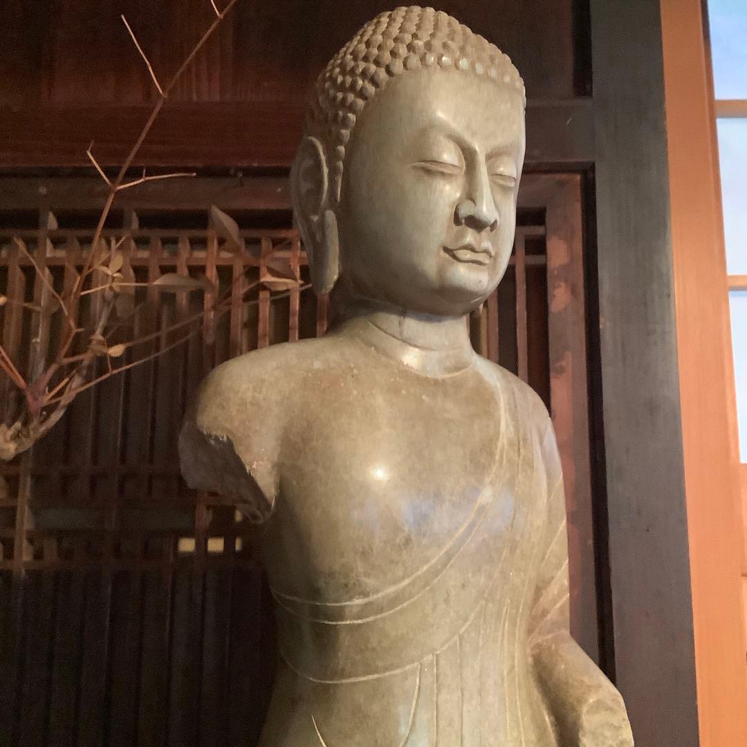 北魏・石仏「阿弥陀如来立像」南北朝時代・北斎・中国古代緑玉・隋極上青石細工彫刻