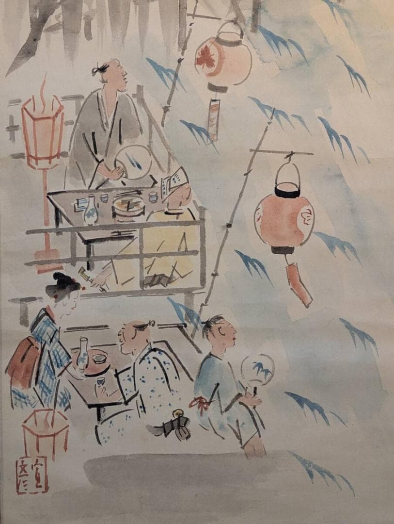 【真作】掛軸　涼を楽しむ納涼床図　橋と川辺の宴風景　夏の風物詩　合箱入　T19