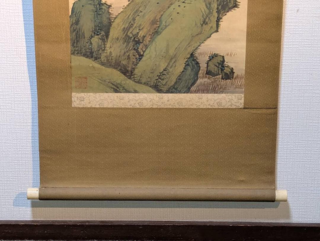 【真作】掛軸　水田竹圃　山水風景図　二重箱入　U159