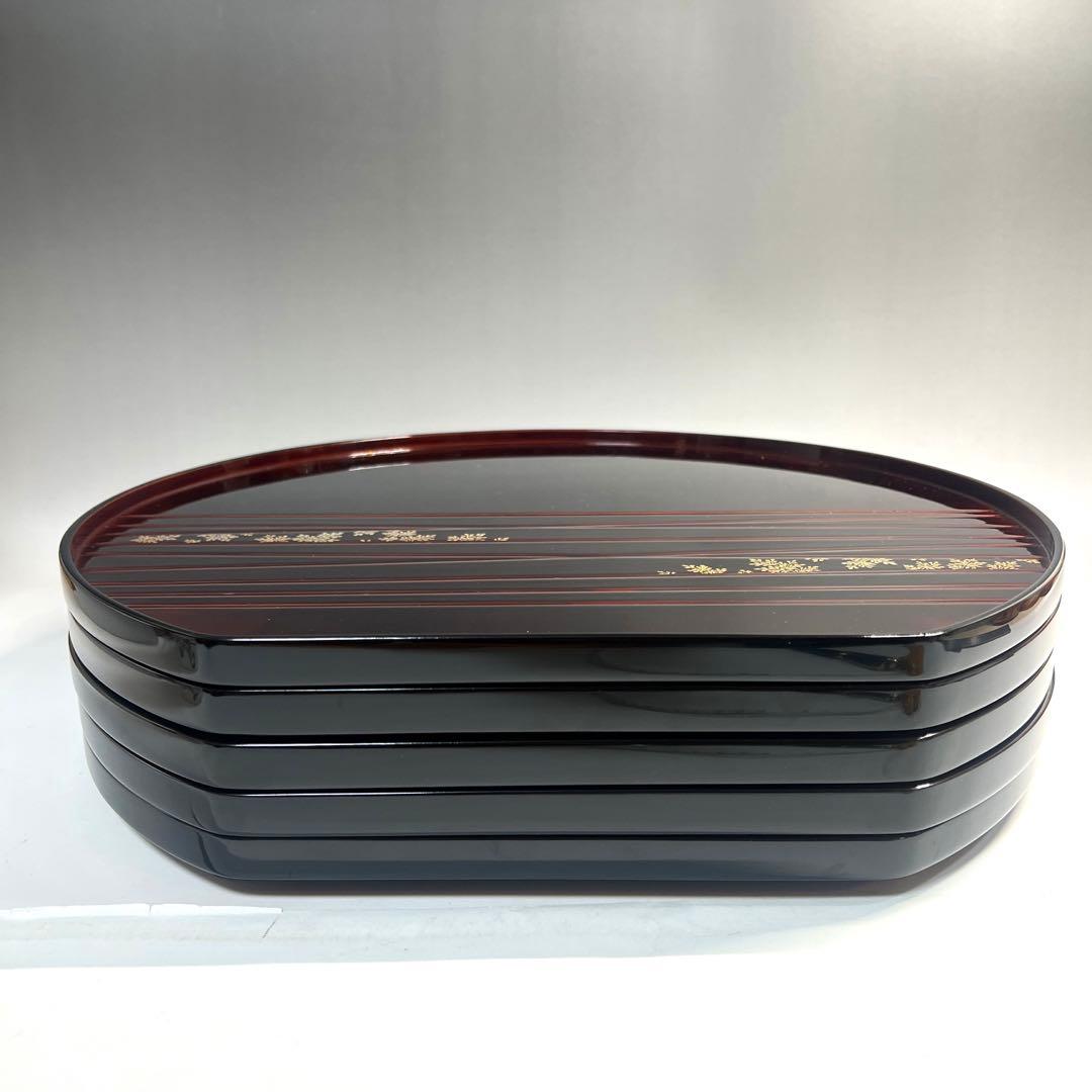 輪島屋謹製  信夫沈金蒔絵  半月盆  溜塗  五客揃