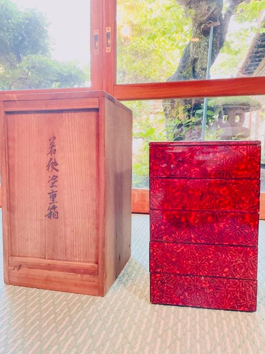 アンティーク品(昭和12年)5段 若狭塗りお重＆木箱のset