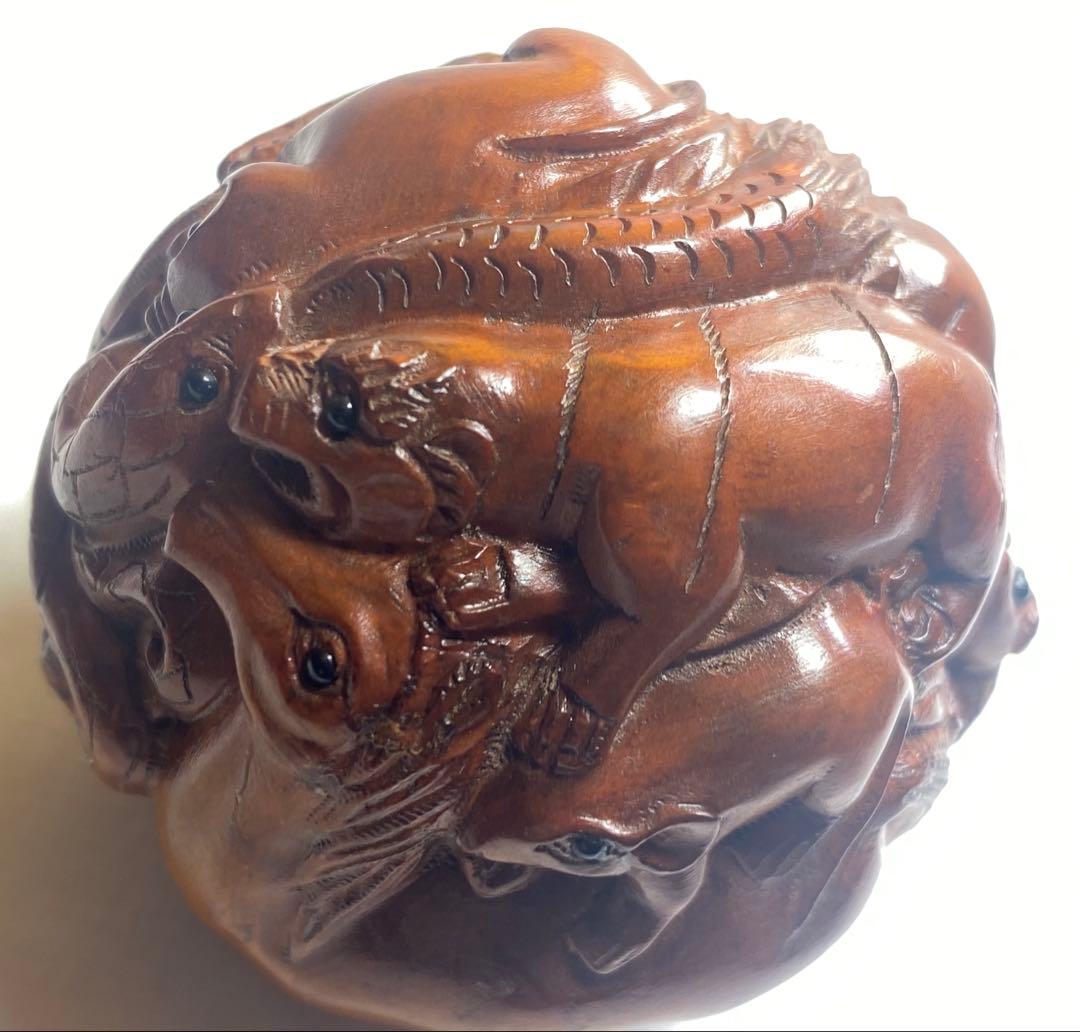 柘植材　大玉十二支置物、縁起物黄楊繊細彫刻　木製