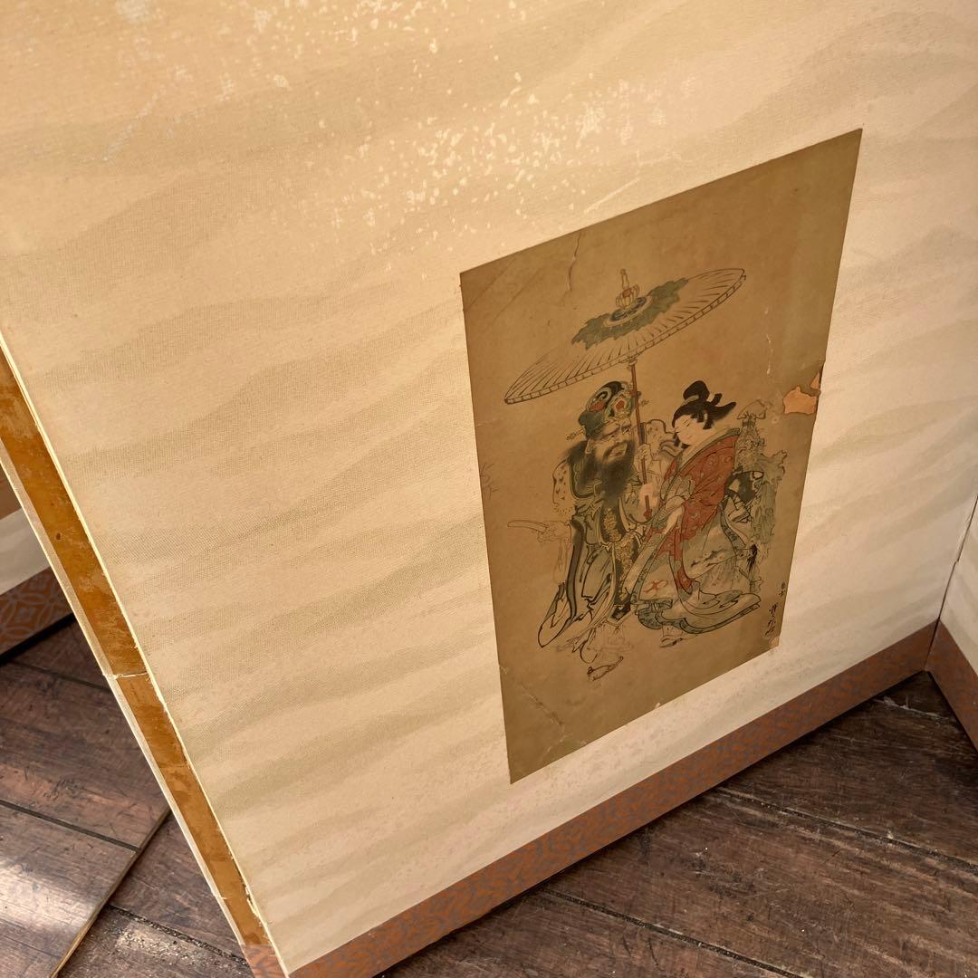 D-4 アンティーク 六曲屏風 貼交屏風 浮世絵 和歌 扇面 希少 六曲一隻