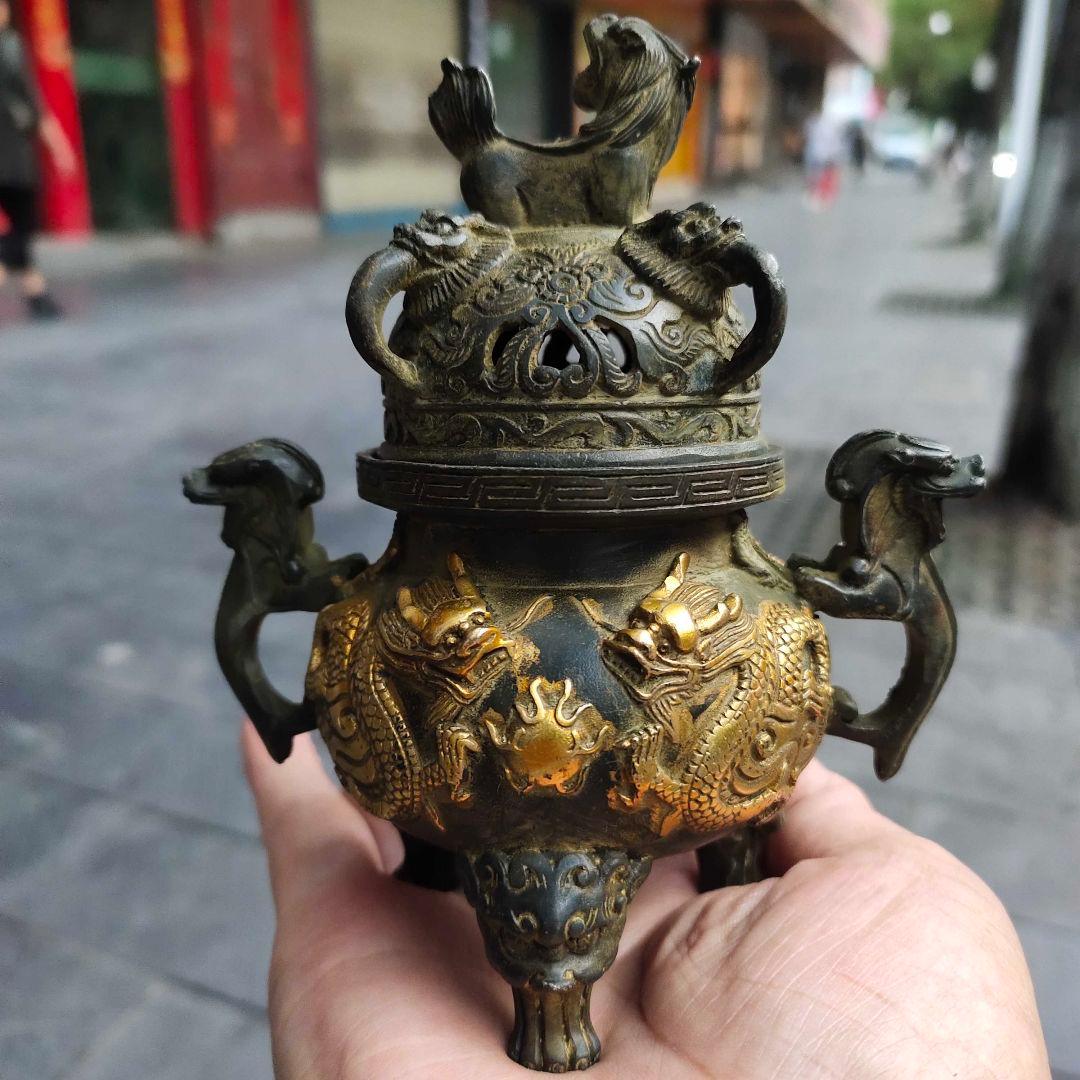 銅 細工 二龍戯珠薫香炉 香道具 仏具 工芸品 美術品 置物