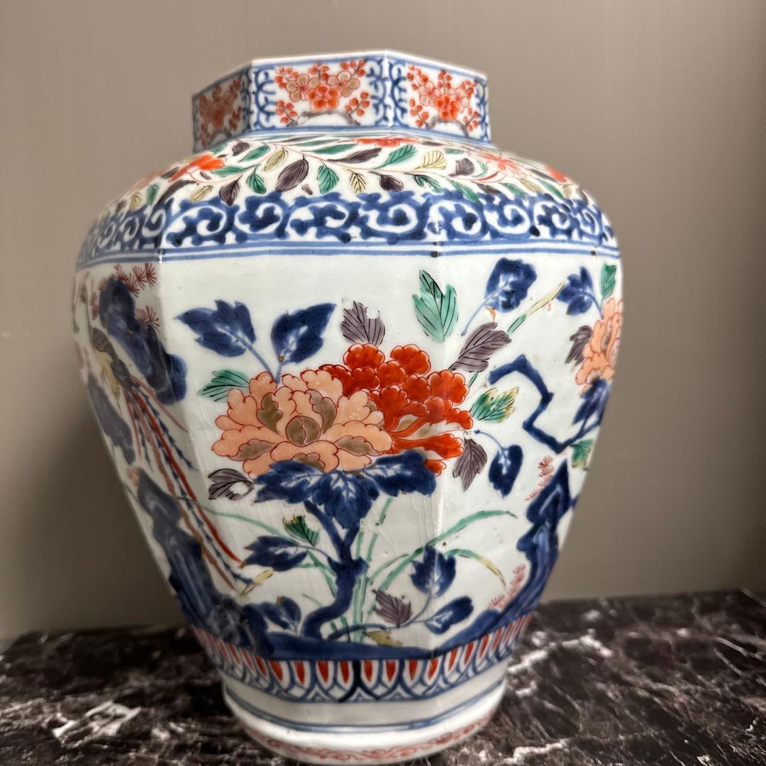 江戸中期、寛政。古伊万里、色絵、面取り大壺、慈照庵、永竹、極。　共箱桐、四方箋。