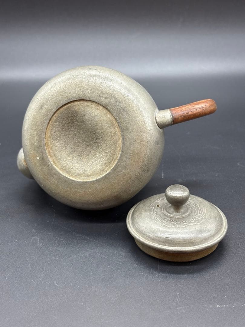 煎茶道具 古錫製 草花紋 木製持手彫細工 一文字急須 /煎茶器 錫器 本錫製