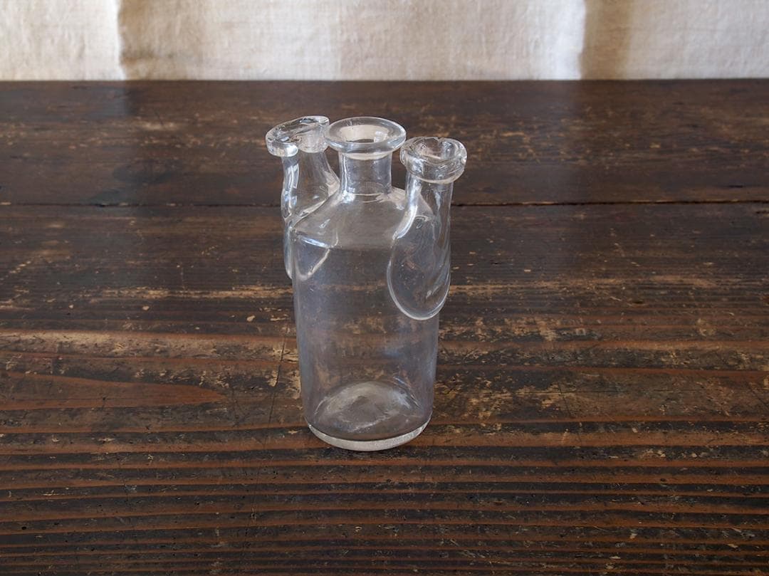 吹きガラスのフラスコ 三つ口瓶 硝子 ウルフボトル ウルフ瓶/K409