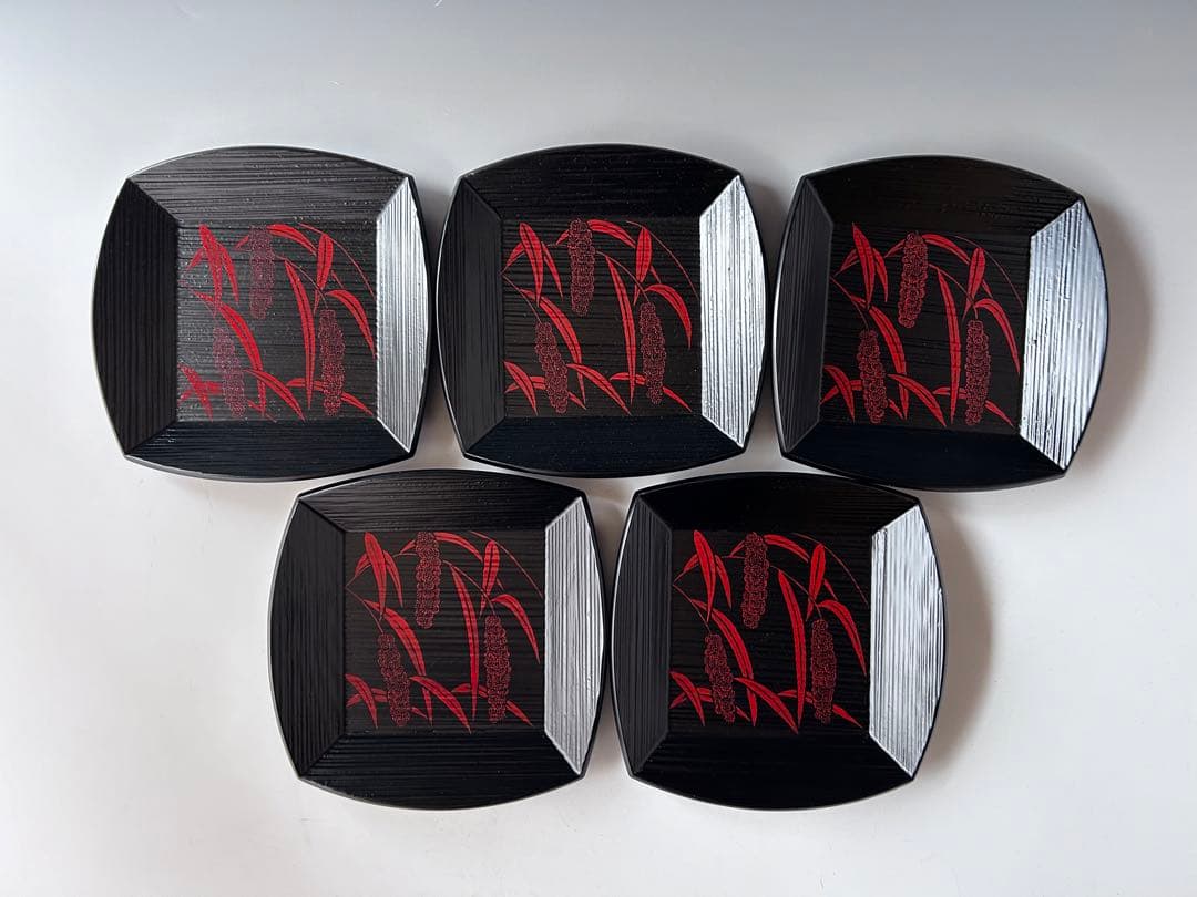 茶道具　銘々皿　五客組　粟絵　一閑　ヘギメ　服部峻昇　共箱　漆器　菓子器　工芸