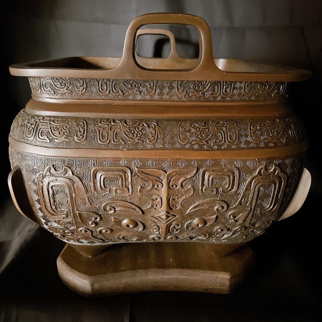 蔵出し　中国古玩 唐物 唐銅 饕餮紋耳付火鉢 古美術品 伝統工芸品