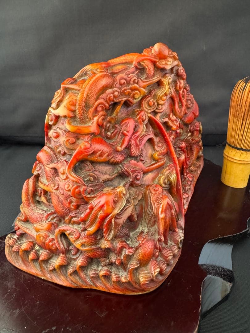 石材彫 龍 彫刻 置物 台座 魔除　風水 開運 金運 骨董 美術 アンティーク