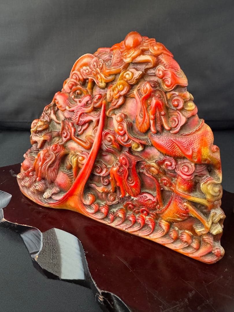 石材彫 龍 彫刻 置物 台座 魔除　風水 開運 金運 骨董 美術 アンティーク
