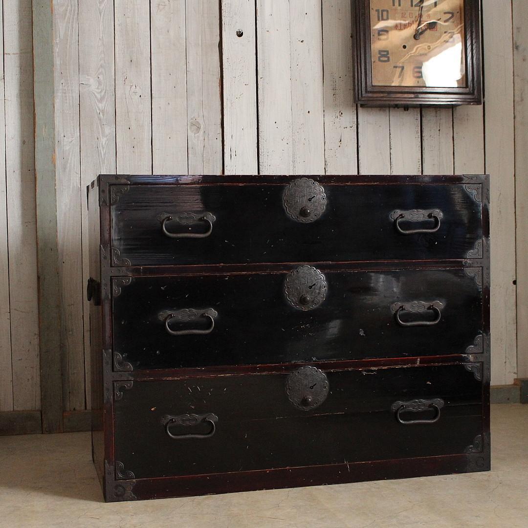 丸金具　時代庄内箪笥 3段　タンス　収納　古家具　古民家　時代家具