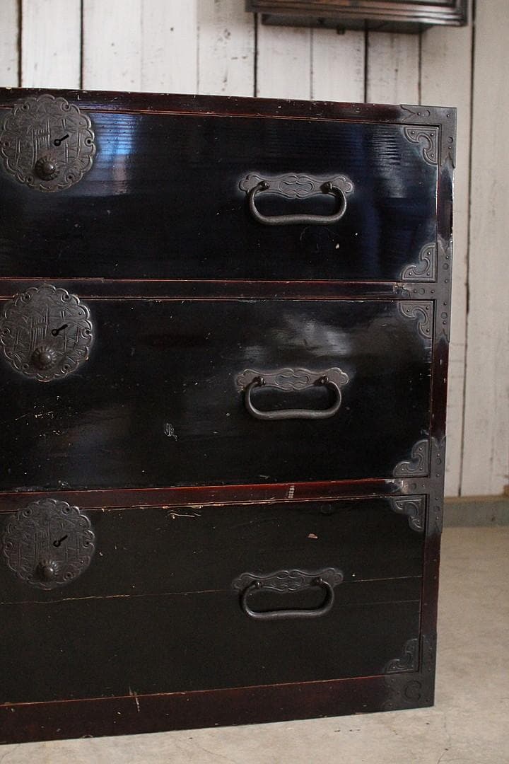 丸金具　時代庄内箪笥 3段　タンス　収納　古家具　古民家　時代家具