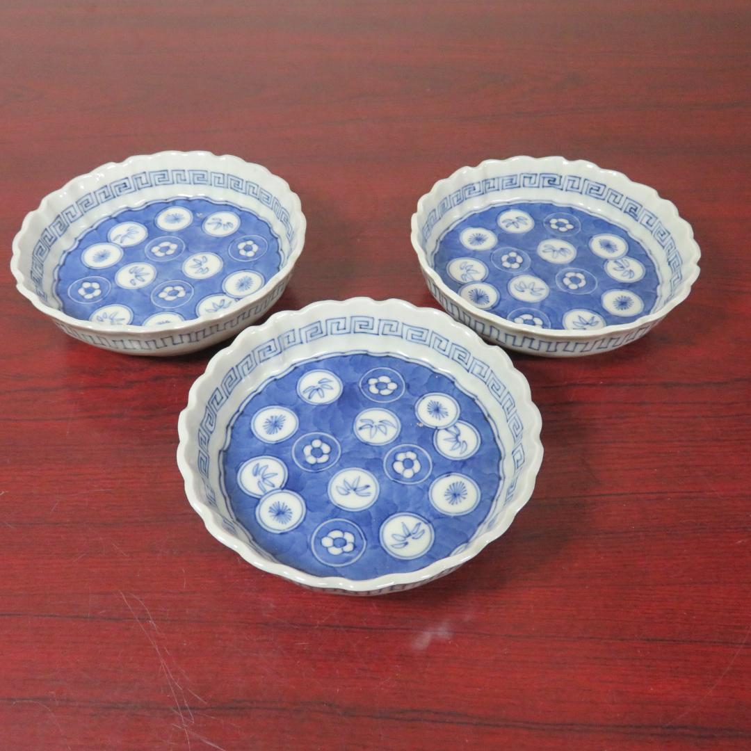 小皿 松竹梅 染付 丸窓 3枚 明治 大正