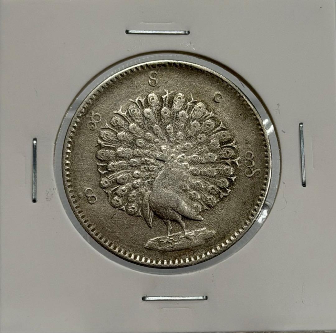 1852年 ビルマ ミャンマー 孔雀 クジャク 1チャット銀貨