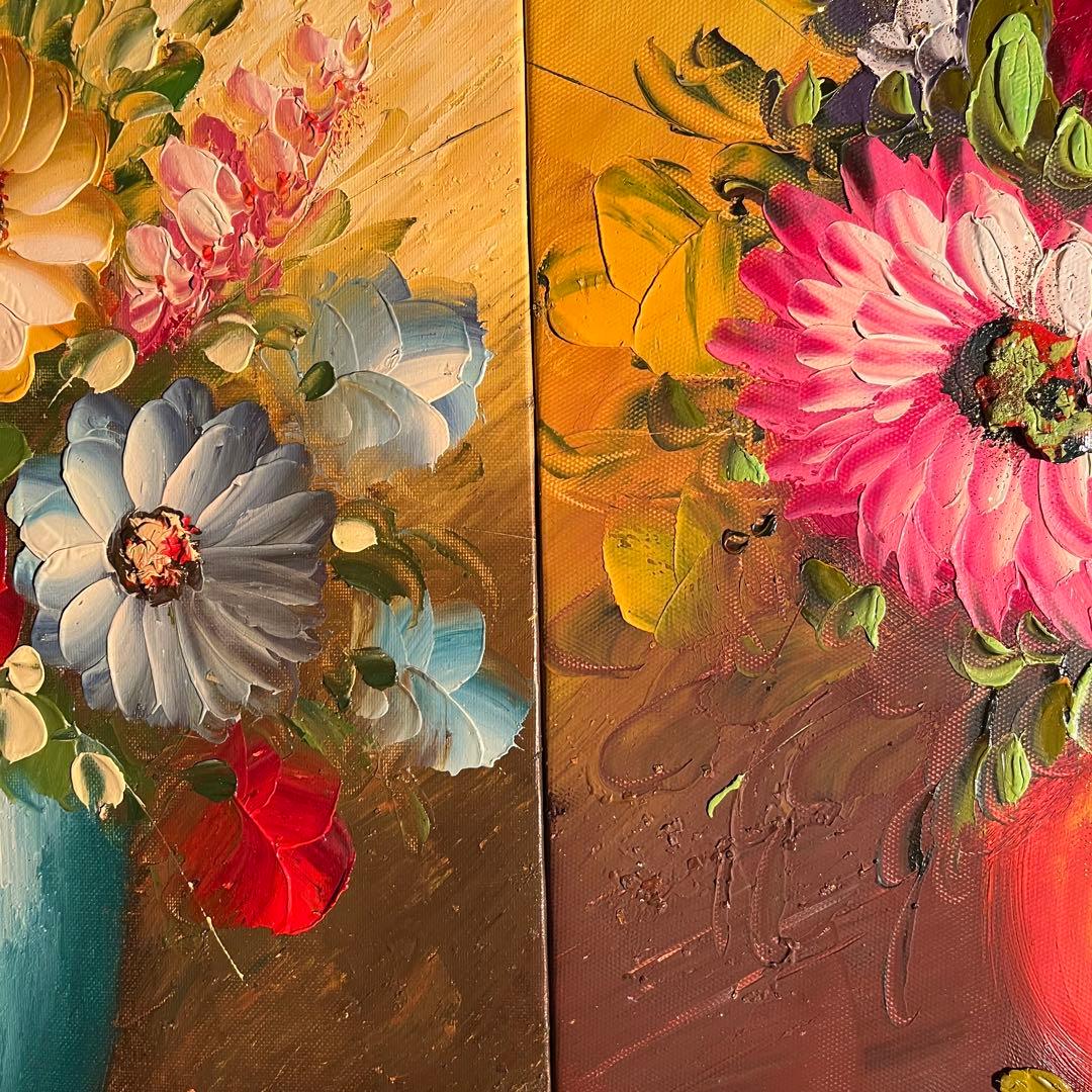 （大）手描き油絵 ３枚組 花瓶の花 額付 額付き 絵画 インテリア 油彩画