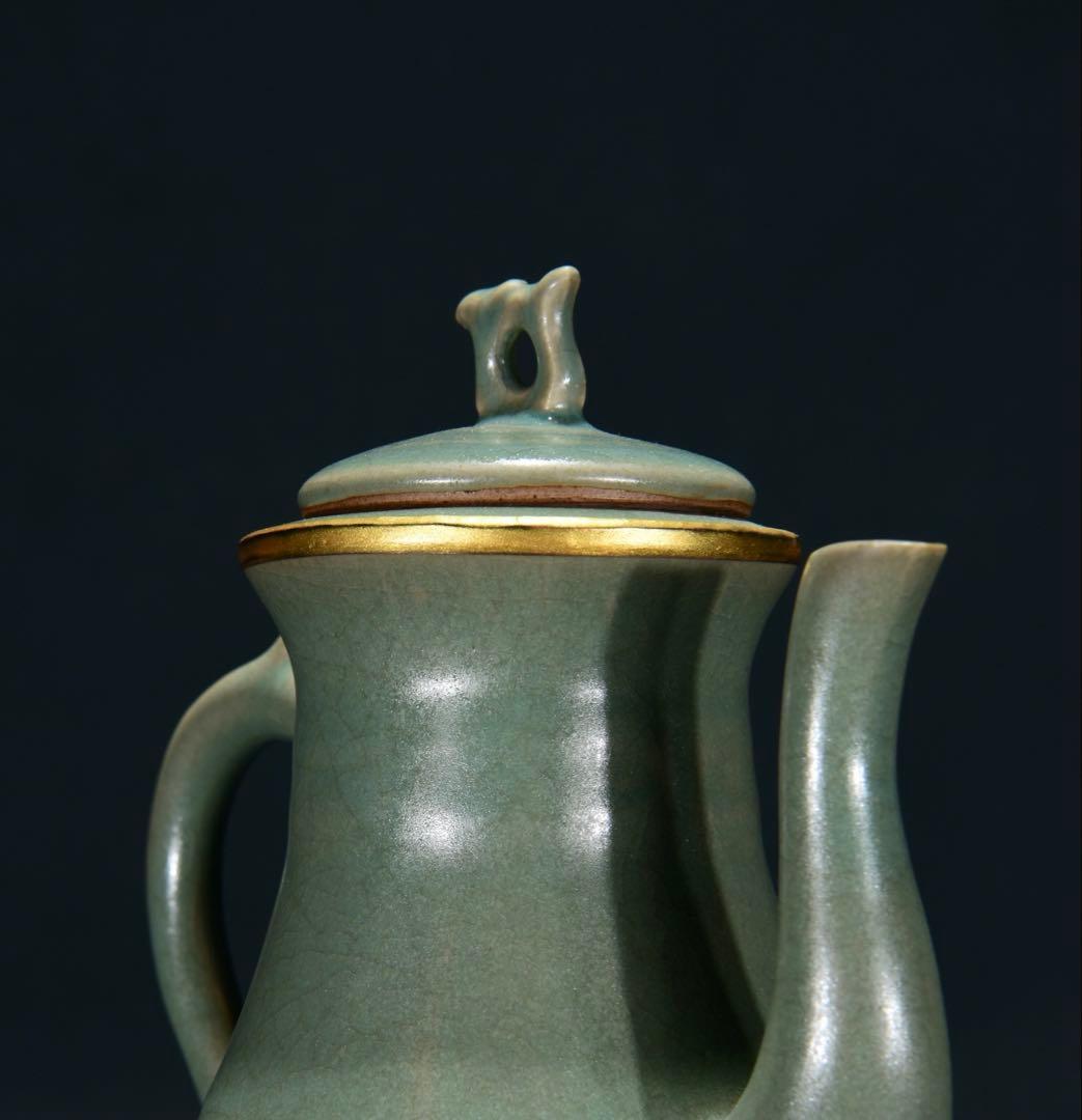旧蔵　宋・汝窑　天青釉包金口　三足执壶