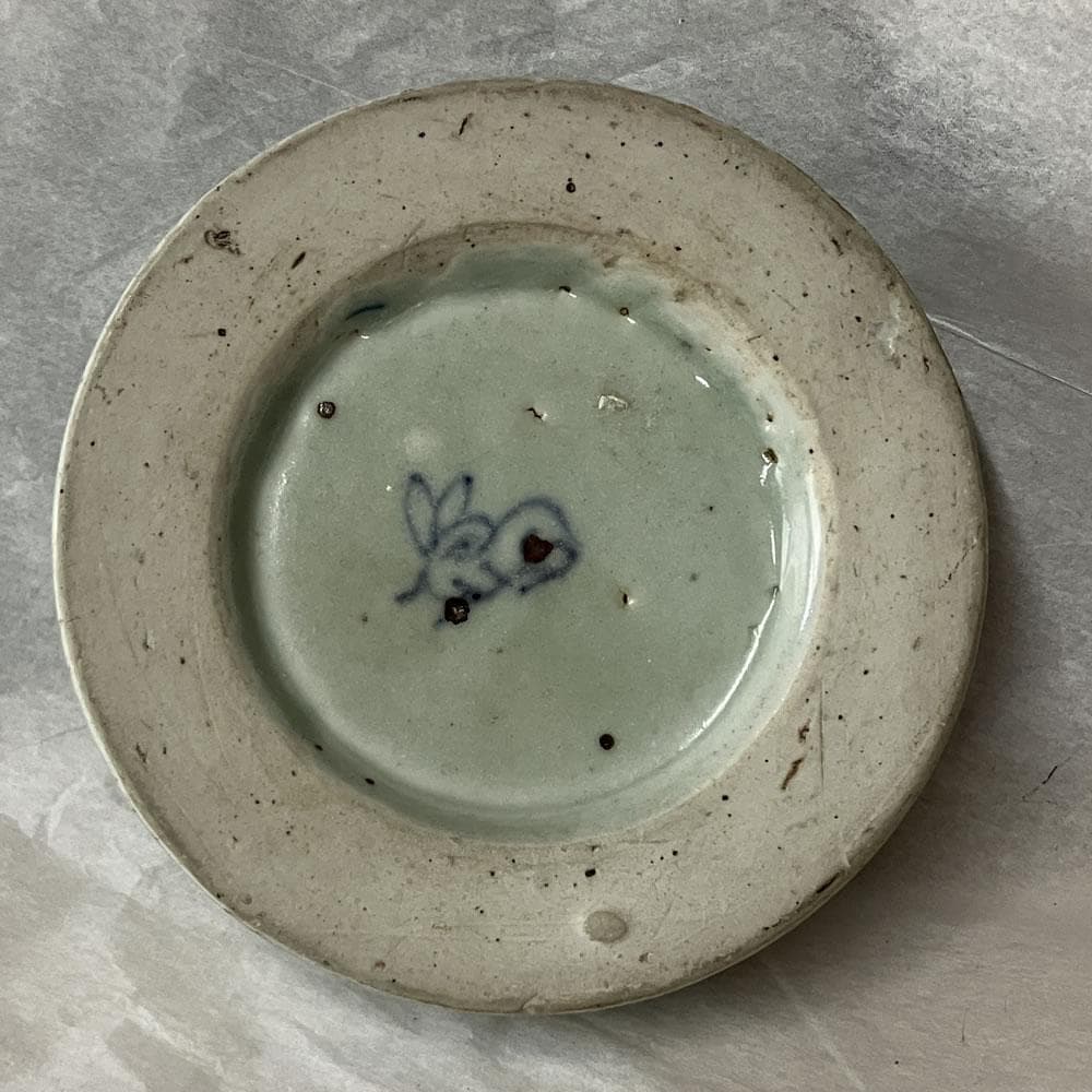 y051 陶硯 染付 唐子図 硯 巾11.5cm 茶道具 書道具 中国古美術