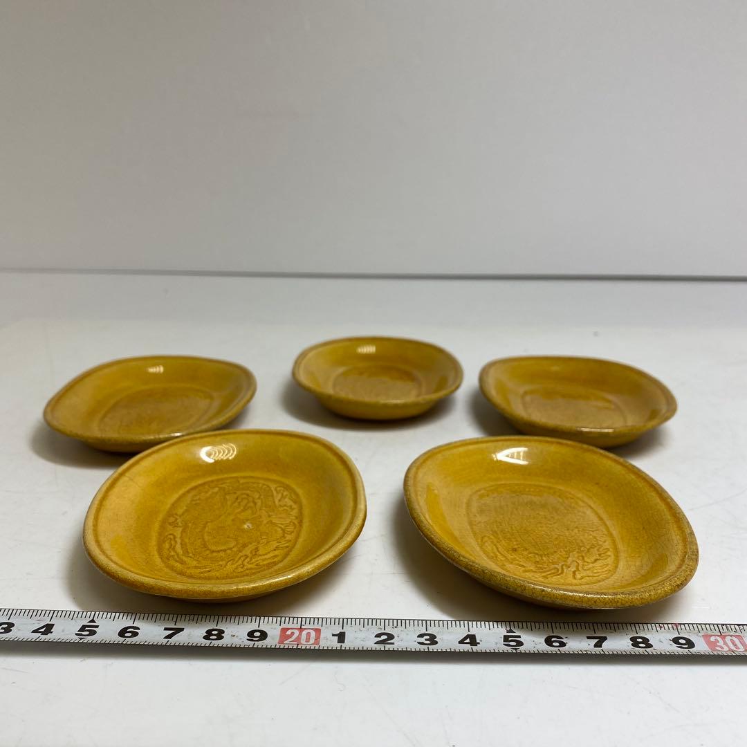 江戸後期 淡路民平焼 龍図小皿タサコサ5客共箱 幅約12cm 東R8-0213②