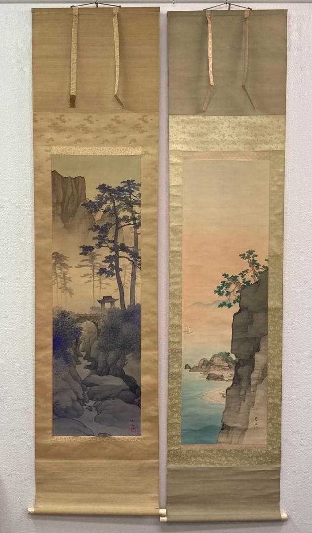 稲田吾山／渡辺南岳 箱書・双幅 掛軸 絹本〈寺崎広業 師事〉