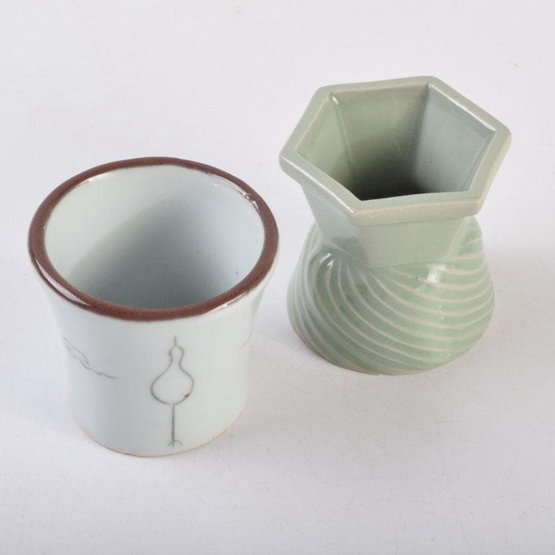 韓国美術　慶安窯　青磁白磁　鶴文　蓋置　一双　共箱　V　8649